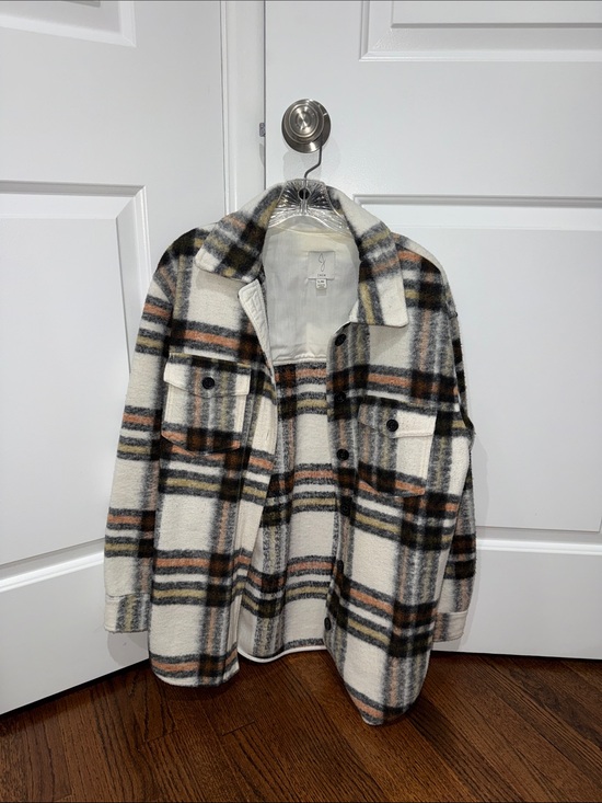 Joie Jackets & Blazers - Joie Cream Plaid Utility Shacket with Black & Brown Stripes